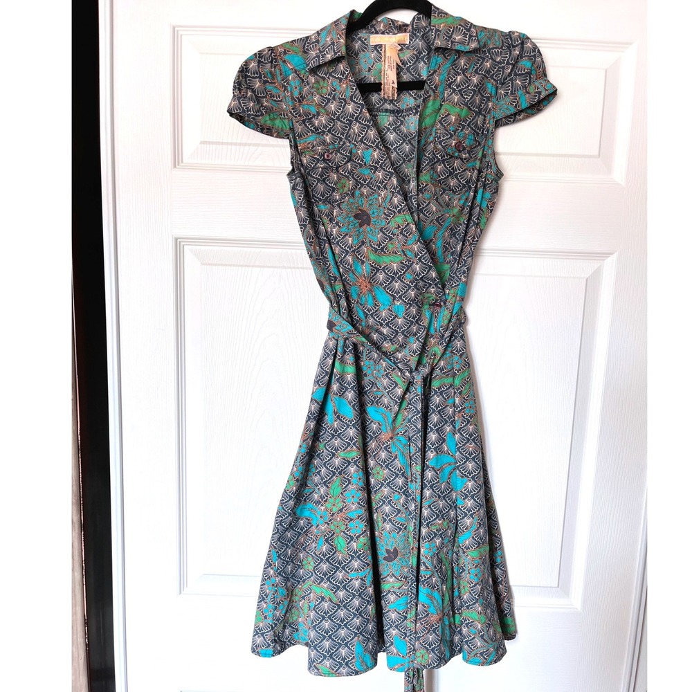 Andrew & Co Floral Batik Print Cotton Wrap Dress Short Cap Sleeve Teal